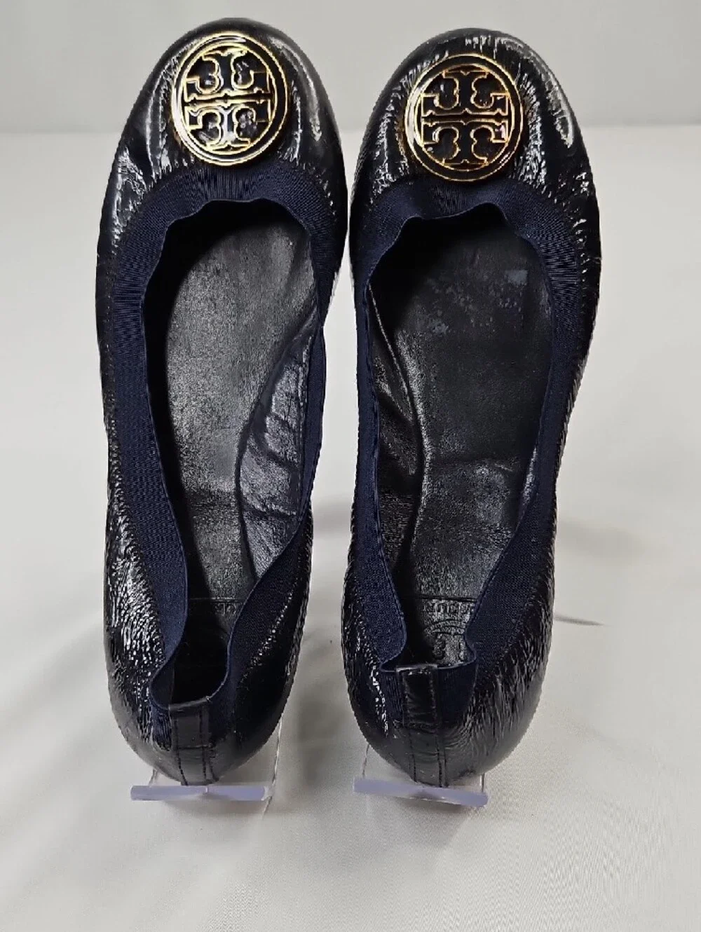 Tory Burch Carolina Navy Blue Patent Leather Logo Ballet Flats Sz 8
